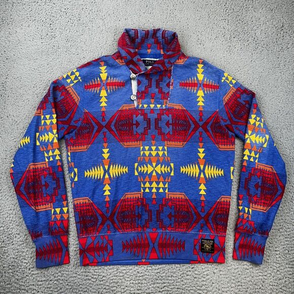 Polo Ralph Lauren Blue Red Aztec Shawl Sweater Snow Beach Stadium Size Medium